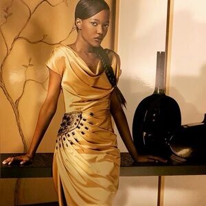 Mandalay Gold Chinoiserie Dress with Beaded Oriental Fan Embroidery